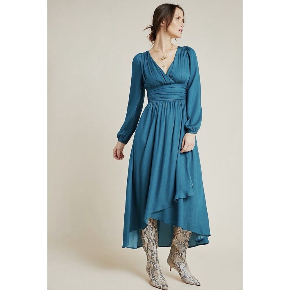 Anthropologie Gwendolyn Long Sleeve V-Neck Cocktail Maxi Dress Green EUC Size 10
